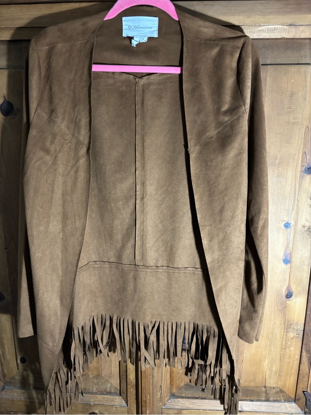 BCBGeneration Brown Suede Like Fringe Open-Front Jacket